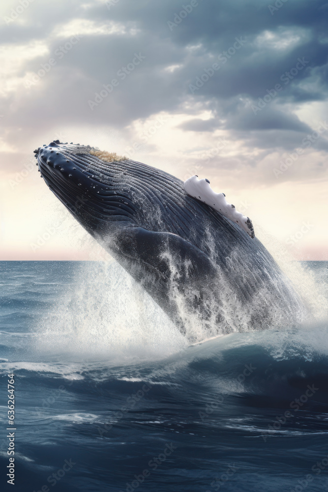 Fototapeta premium Humpback whale jumping over the sea. Generative AI.