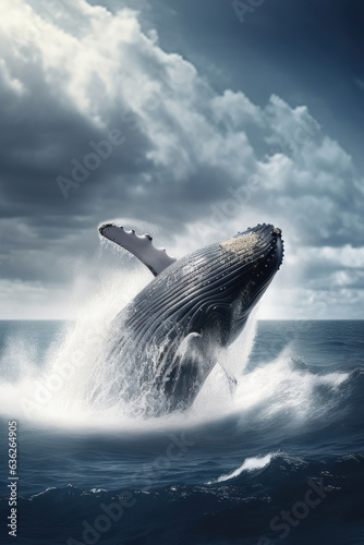 Blue whale or blue fin whale, jumping over the sea. Generative AI. © Agustin