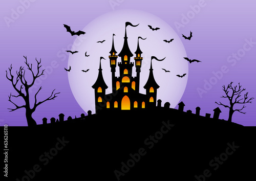 Halloween background with castle in a spooky landscape