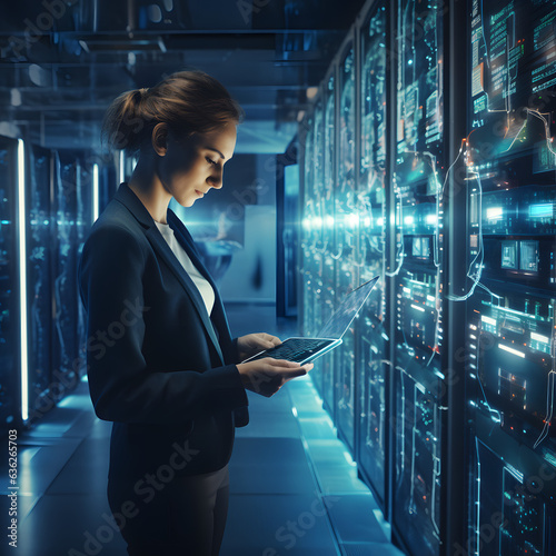 Successful Female Data Center IT Specialist Using Tablet Computer, Turning Augmented VFX Visualization on Server Farm Cloud Computing Facility. System Engineer Working for Cyber Data Security Company