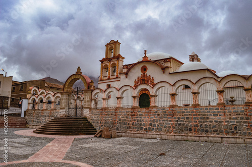 First aboriginal church. Front view of the Church of San Benito in Potosi, Bolivia. Temple with Latin cross and several domes. Southamerica photo