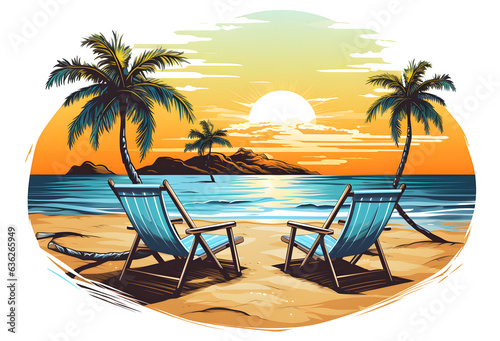 Chairs on Tropical beach t-shirt design clipart transparent background
