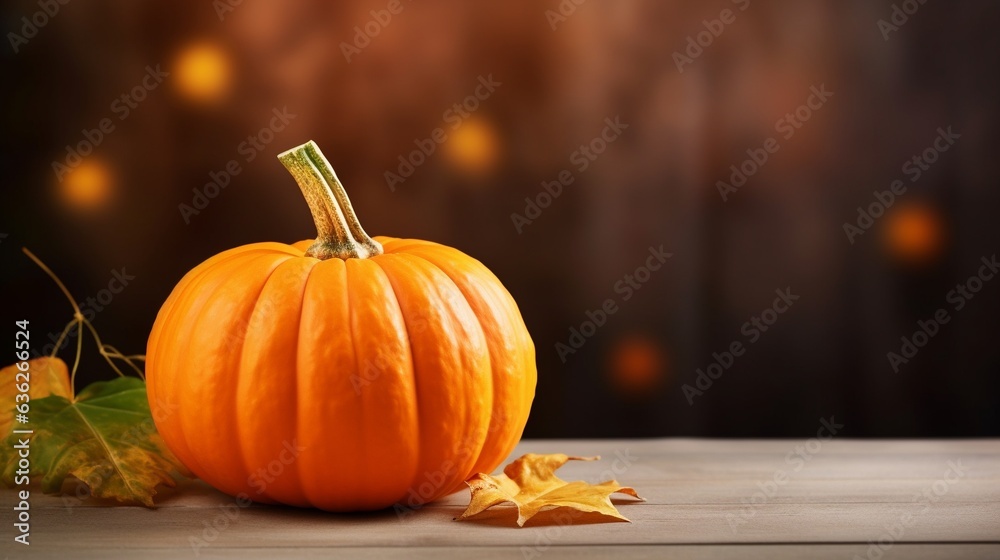AI Generated autumn pumpkin with maple leaves over wooden table background. Thanksgiving harvest design concept AI Generated autumn pumpkin with maple leaves over wooden table background. Thanksgiving harvest design concept