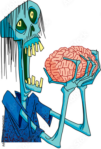 a zombie in a blue shirt holds a brain in his