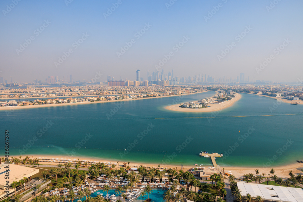 Aerial panoramic view of Palm Jumeirah islands in Dubai, UAE Aerial panoramic view of Palm Jumeirah islands in Dubai, UAE