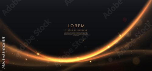 Abstract gold curved lines on black background with lighting effect bokeh and copy space for text. Luxury design style. photo