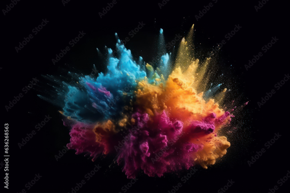 multi colored powder explosion, isolated on black background. Generative AI.