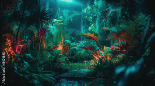 Colorful Neon Light Tropical Jungle Plants in a Dreamlike and Surreal Landscape.