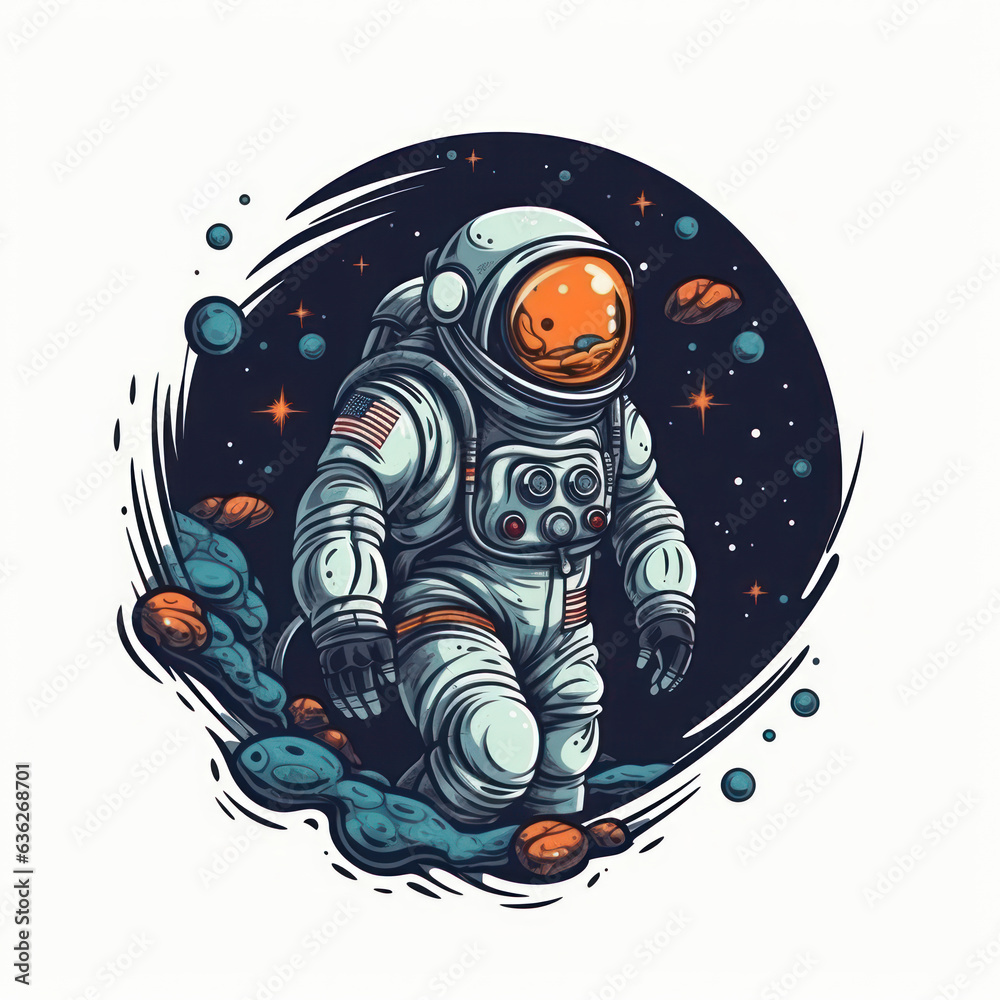 Fototapeta premium Astronaut walking on a planet. Cartoon illustration. Generative AI.
