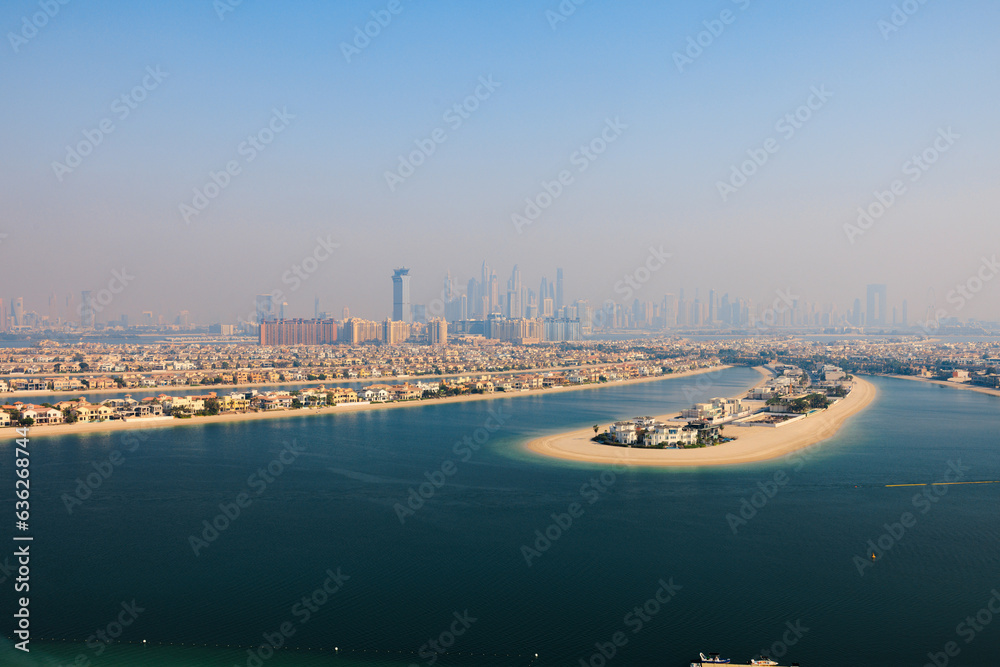 Aerial views of Palm Jumeirah man made islands in Dubai, UAE