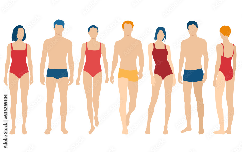 Obraz premium Young men and women, different colors, cartoon character, group of silhouettes of standing figures of sports people, students, flat icon design concept isolated on white background