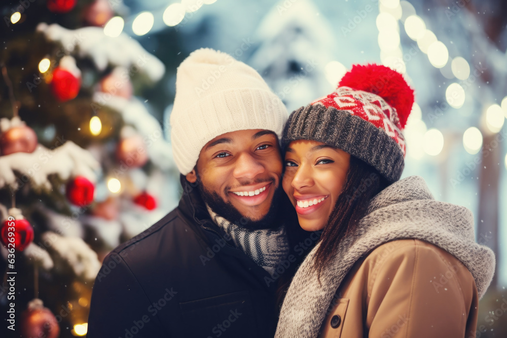 Closeup photo of cute couple spending holly Christmas eve in decorated garland lights house near Chrismas tree outdoors
