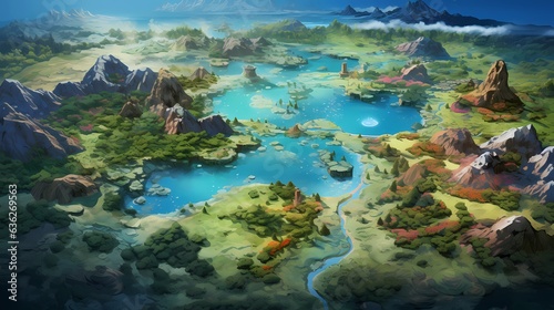 Game Map, Board Game Digital Board, Top View.forests and floating lands.Concept Art Scenery. Book Illustration. Video Game Scene. Serious Digital Painting. CG Artwork Background. Generative AI. 