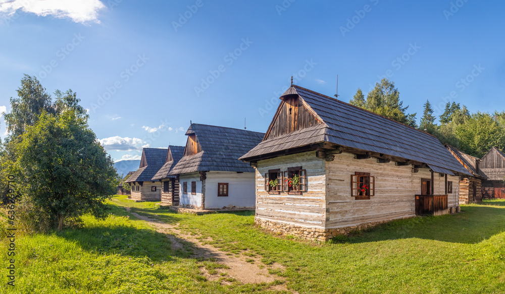 log cabin - village with traditional wooden house at Museum of the Slovak Village, Martin, Slovakia