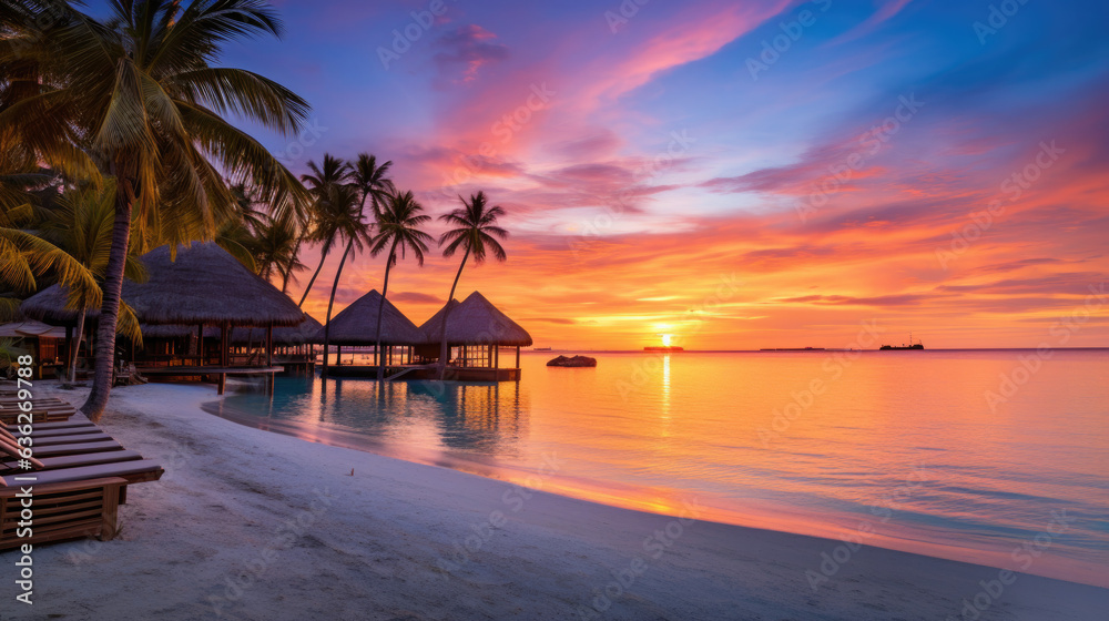 Experience the tranquil beauty of a sunset over a palm-fringed beach, where the sea meets the tropical sky in a stunning silhouette