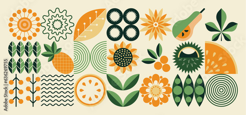 Bauhaus pattern with autumn. Mosaic style. Simple geometric shapes. Textile background with autumn vegetables, fruits, flowers