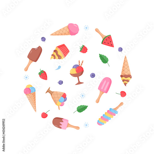 Ice cream and berries set of bright colored icons. Vector illustration of summer desserts popsicles, ice cream in waffle cones, strawberry cherry raspberry mint blueberry.