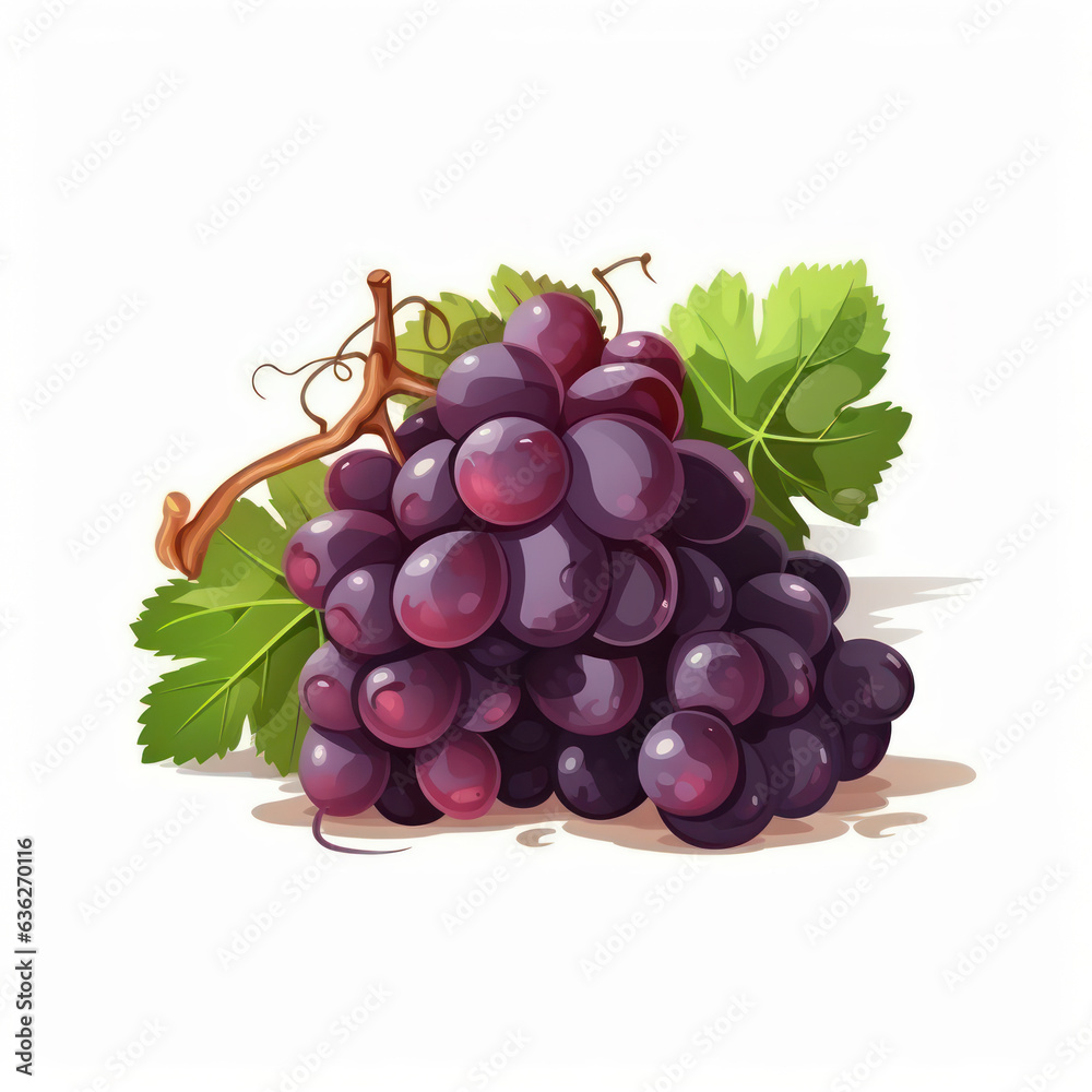 Fototapeta premium Bunch of grapes, on a white background. Cartoon illustration. Generative AI.