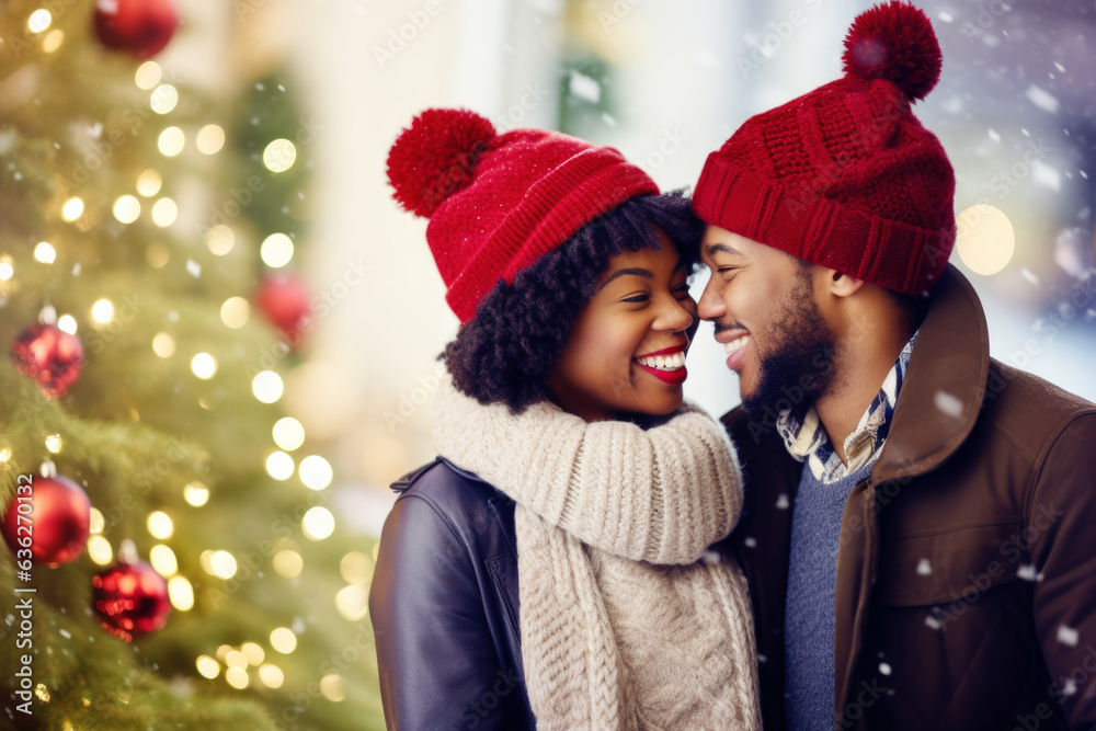 Closeup photo of cute couple spending holly Christmas eve in decorated garland lights house near Chrismas tree outdoors Closeup photo of cute couple spending holly Christmas eve in decorated garland lights house near Chrismas tree outdoors