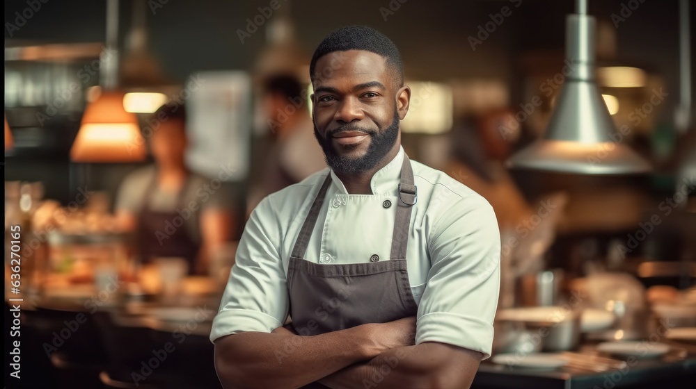 Portrait of young African American chef in apron standing at restaurant kitchen. Portrait of young African American chef in apron standing at restaurant kitchen.