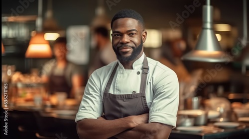 Portrait of young African American chef in apron standing at restaurant kitchen.