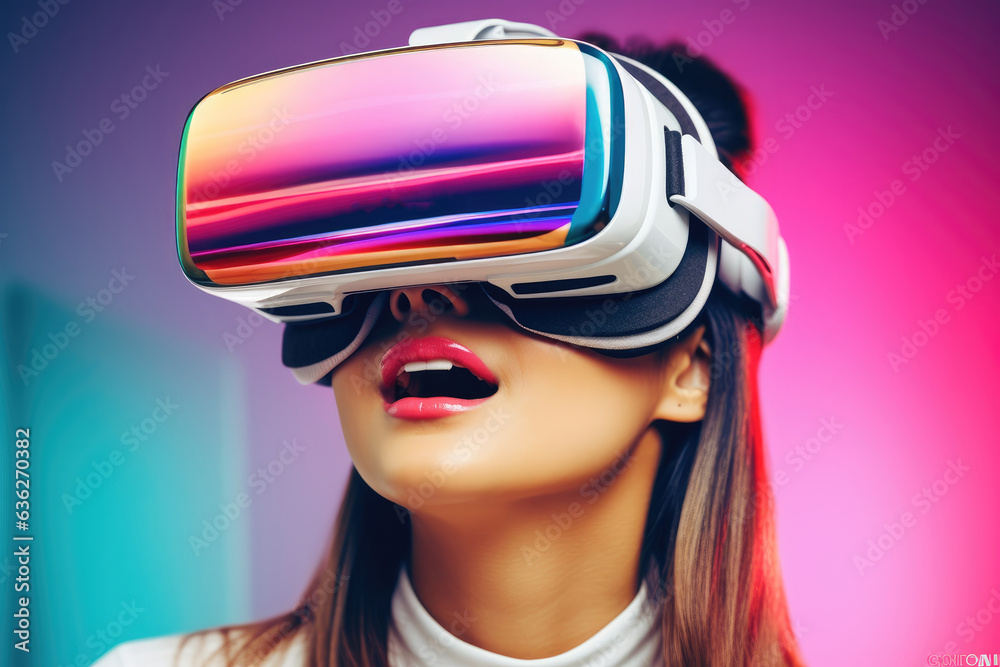 Girl with VR headset, Futuristic Interface, VR simulator. Girl with VR headset, Futuristic Interface, VR simulator.