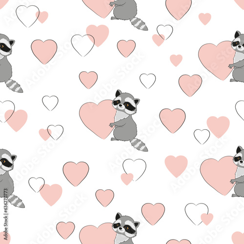 Seamless love pattern with cute panda raccoons and hearts. Kids design, baby print
