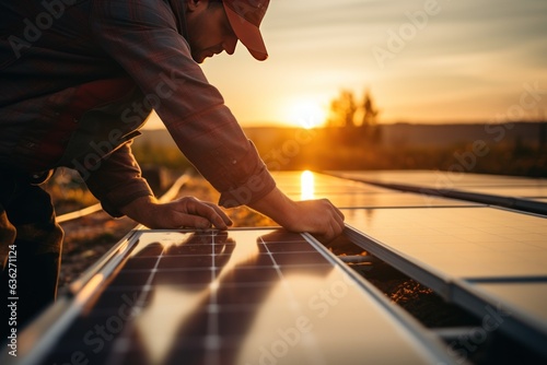 Hands of engineer closely examining sun working and cleanness of solar panels in the sunset. Concept renewable energy technology electricit