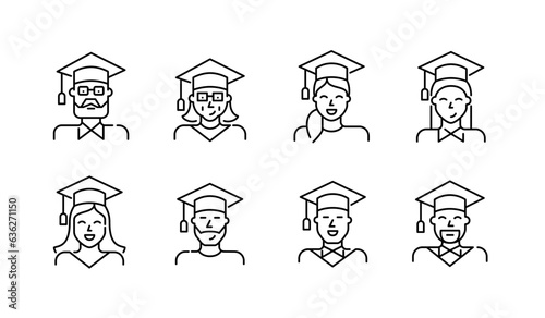 University graduates diversity. People of older and younger age in mortarboard and gown. Pixel perfect, editable stroke icons set