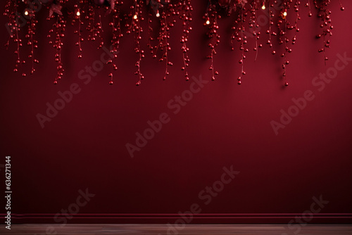 beautiful Christmas red berry garland on a deep red background