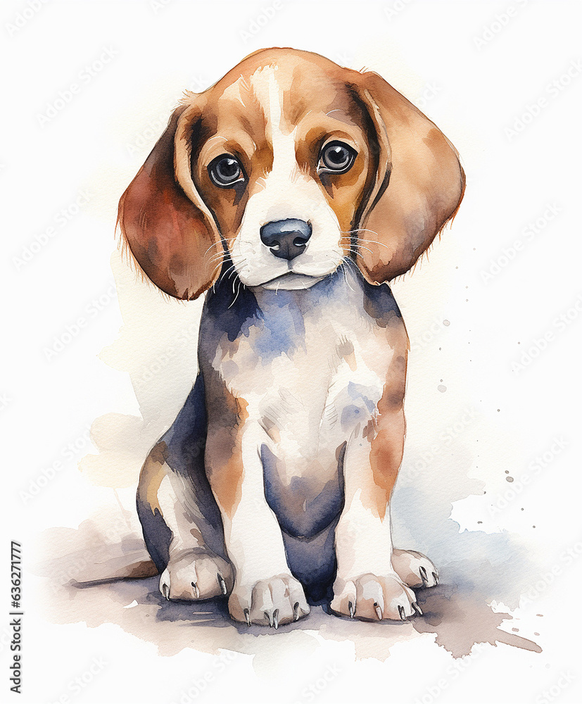 Beagle dog. Watercolor painting on white background. Digital illustration. Cute puppy, Digital watercolor painting. Vector illustration.