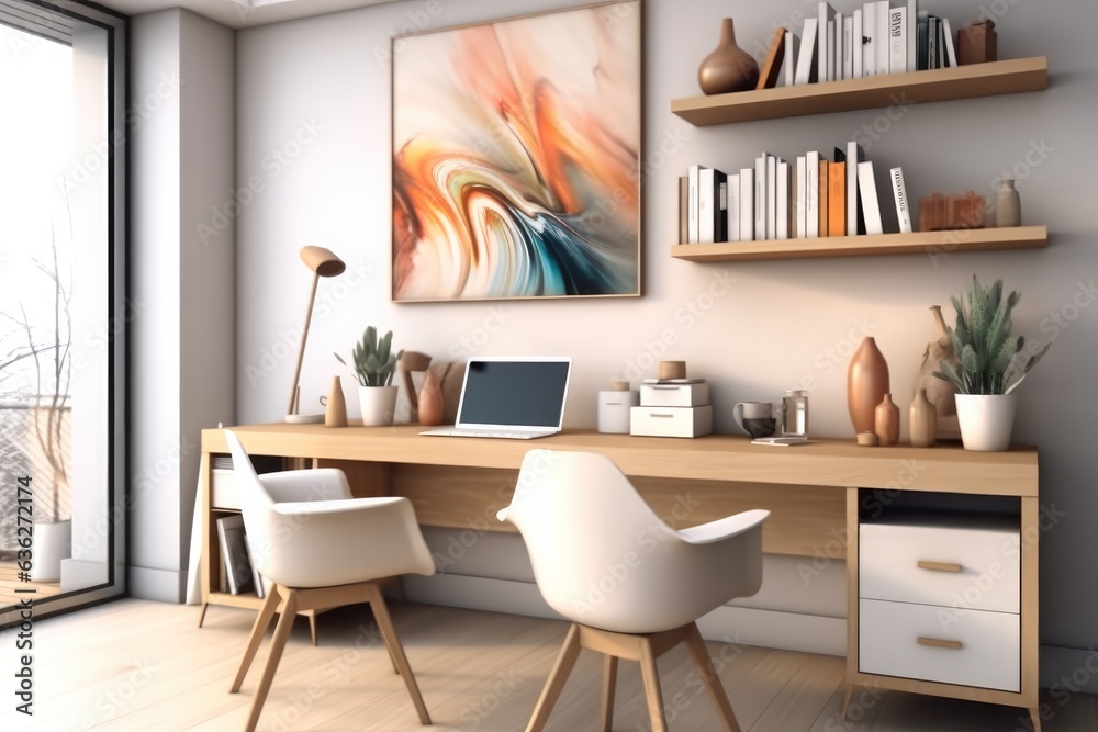 Home office with desk and chair, Minimal, Stylish art decoration. Home office with desk and chair, Minimal, Stylish art decoration.