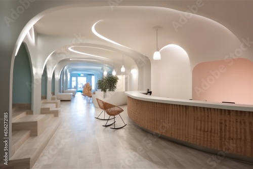 Modern hotel lobby with waiting room space, Hotel wellness center interior with reception desk.