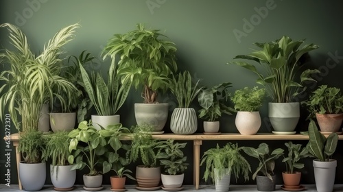 Collection of house plants in flower pots with green wall  House plants in interior.