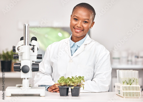 Science, plant and portrait of black woman in laboratory for sustainability research, botany or biochemistry. Pharmacy, medical and healthcare with scientist and for product, ecology or agriculture