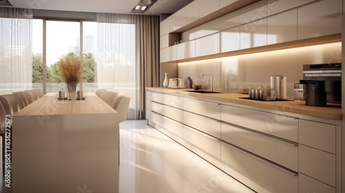 Minimalist and sleek cream colored kitchen with a modern flair, Modern design.