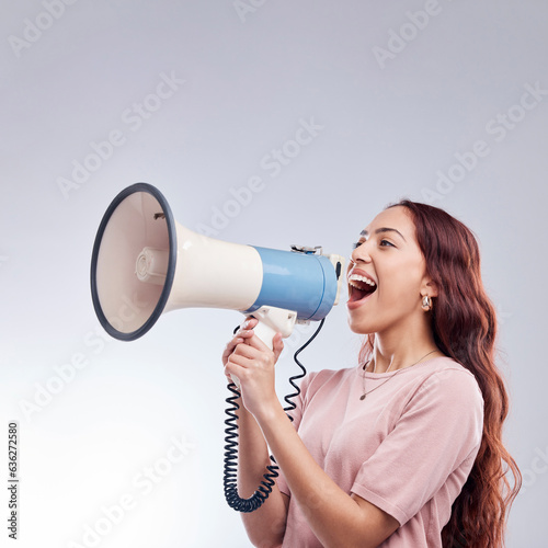 Discount, megaphone or woman shouting an announcement, speech or sale on white background. Attention, voice or girl with news or broadcast of opinion on mock up space talking on mic speaker in studio