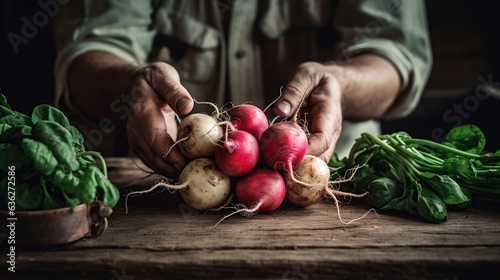close up of the man's hands holding a bunch of fresh organic radishes
