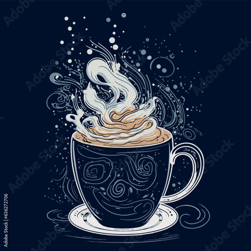 Vector drawing of a cup of cappuccino on a dark blue background