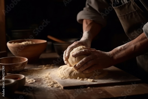 Hands of a baker working the dough, to make the bread. Generative AI.