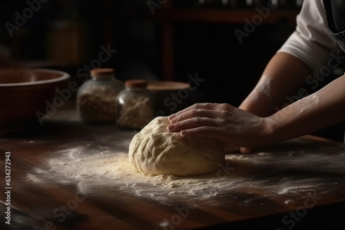 Hands of a baker working the dough, to make the bread. Generative AI.