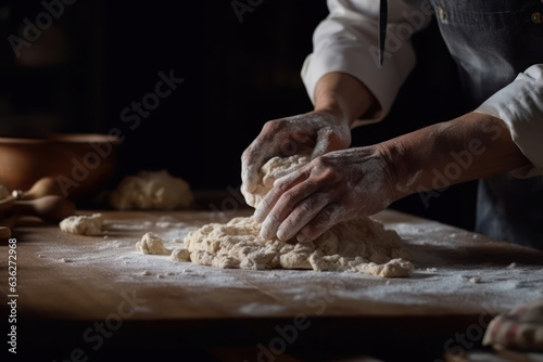 Hands of a baker working the dough, to make the bread. Generative AI.