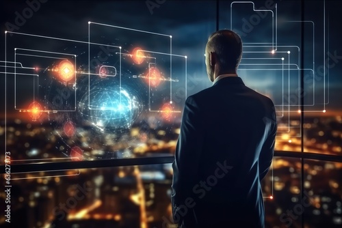 Businessman planning business investment growth management concept on virtual screens, Futuristic abstract background for Business Science and technology.