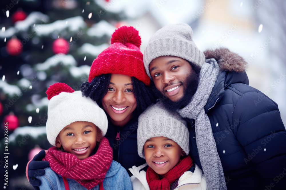 Closeup photo of cute family spending holly Christmas eve in decorated garland lights house near Chrismas tree outdoors