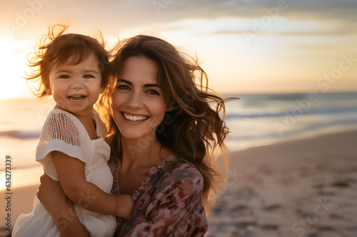 AI portrait of a young mom with her baby on the beach  at sunset