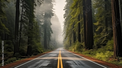 Scenic road with fog at forest.