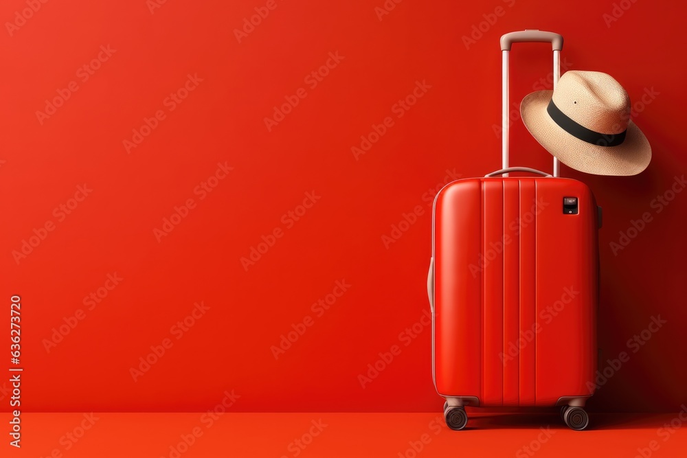 Summertime, Travel bag with straw hat and sunglasses on red background, Travel concept, Minimal style. Summertime, Travel bag with straw hat and sunglasses on red background, Travel concept, Minimal style.