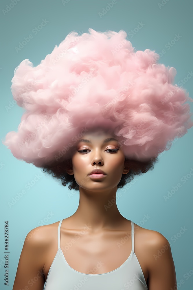 A woman with a pink cloud shaped head, in the style of ben goossens