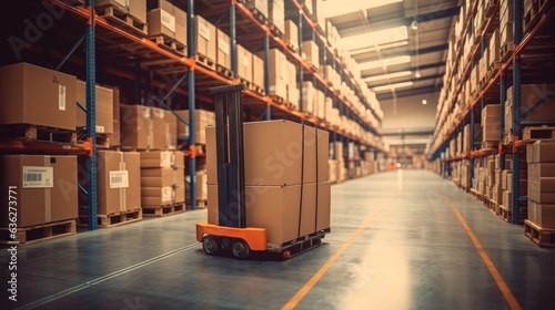 Cardboard boxes on a pallet truck in a large industrial warehouse.