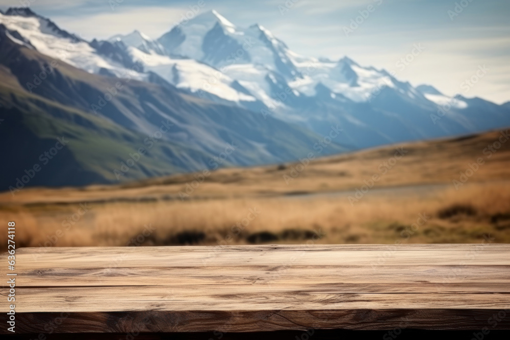 Wooden tabletop, they are the background of a splendid landscape. Generative AI.